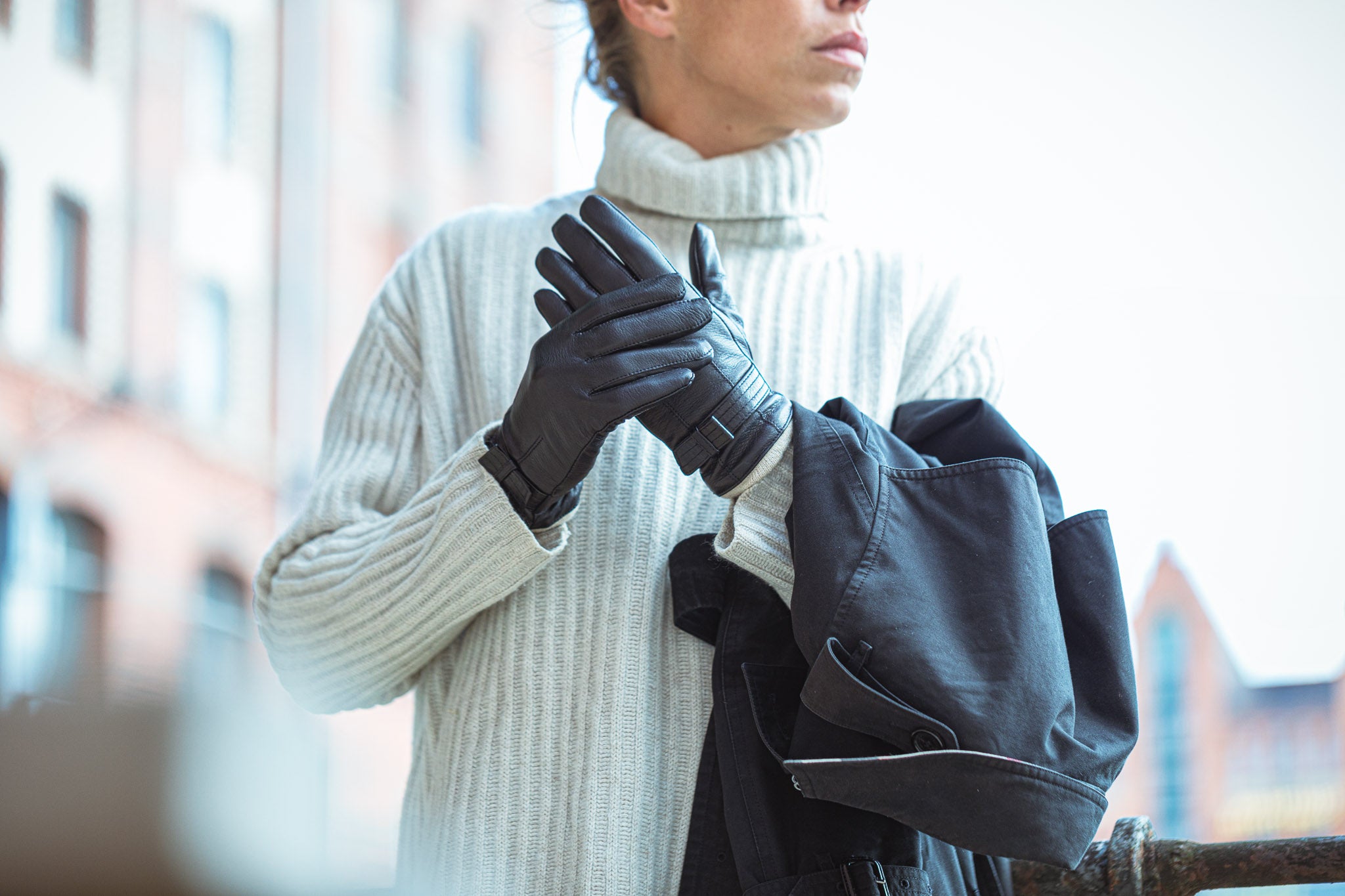 EEM Damen Lederhandschuhe, weiches italienisches Leder, Fleecefutter, Strickbündchen und Zierriegel