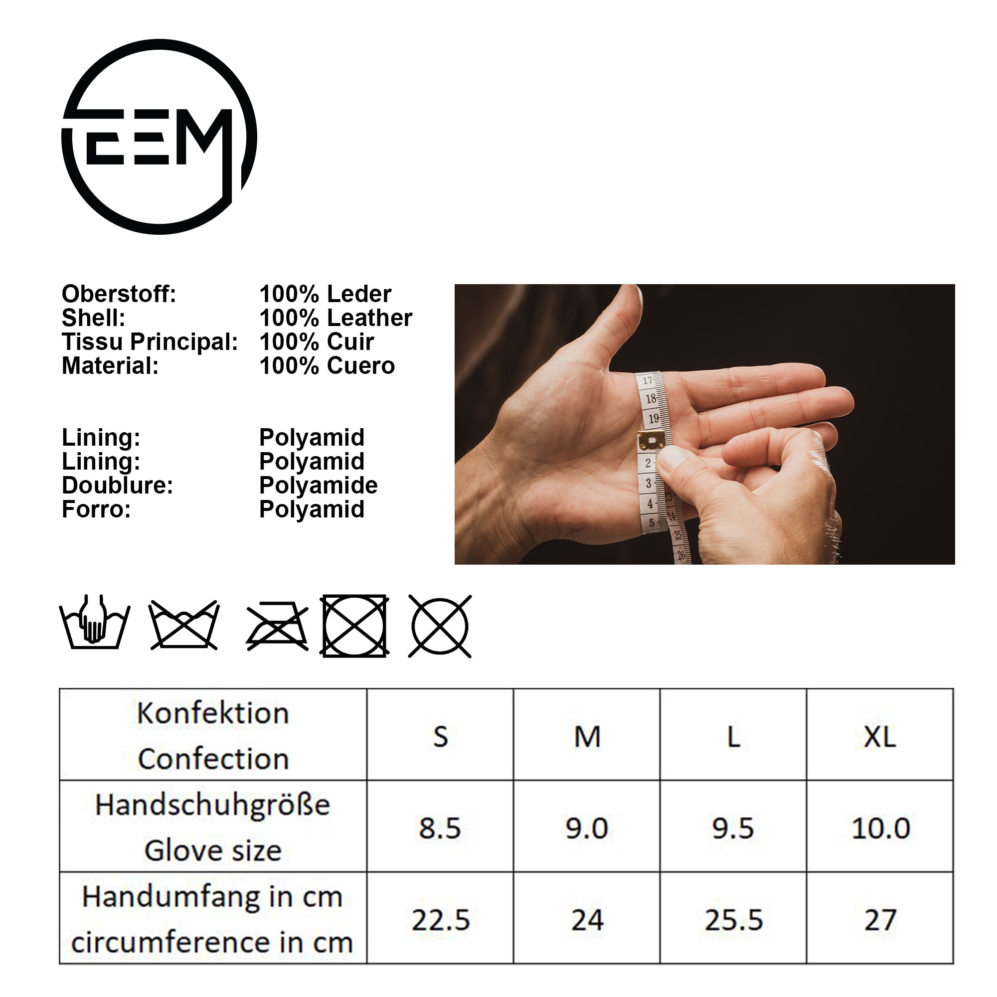 EEM Herren Lederhandschuhe, weiches italienisches Leder, Fleecefutter, Strickbündchen