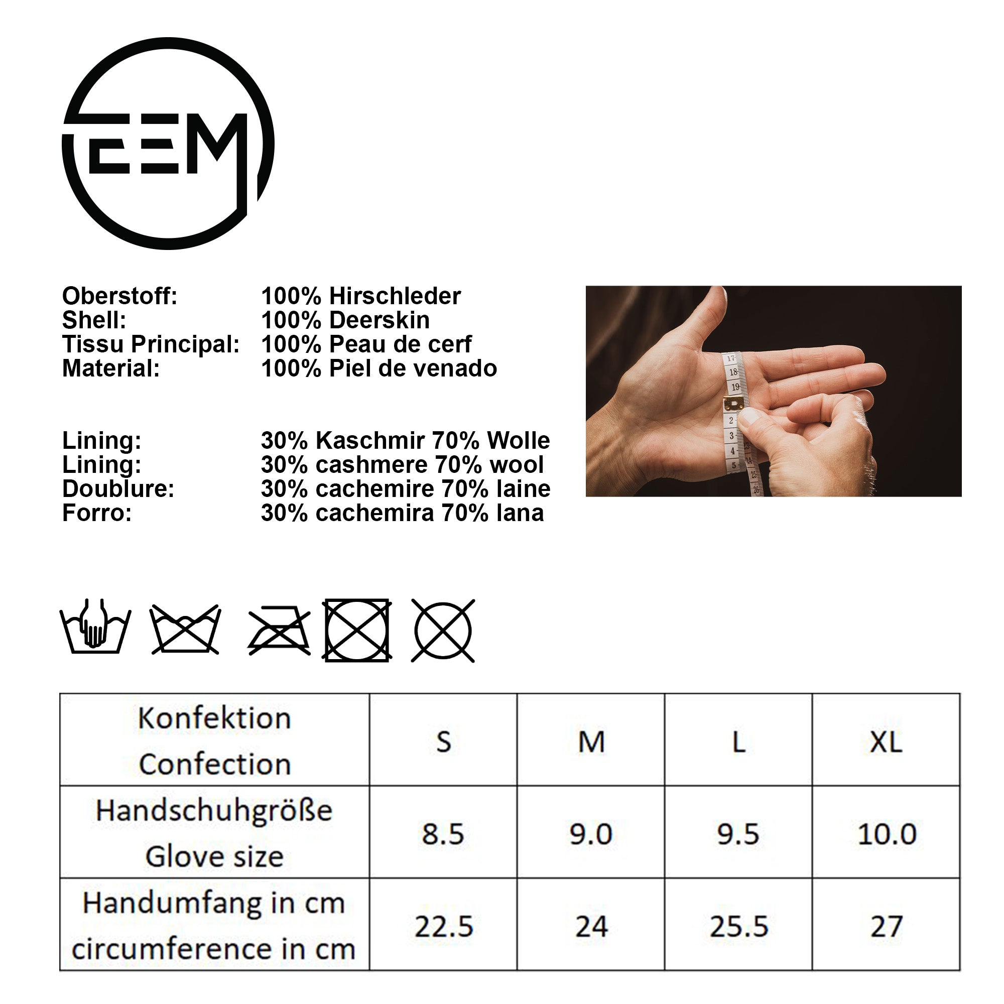 EEM Herren Lederhandschuhe, edles Hirschleder, weiches Futter aus Kaschmir und Wolle